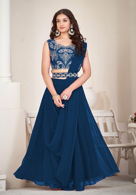 Blue Emboridered Blended Lehenga Choli