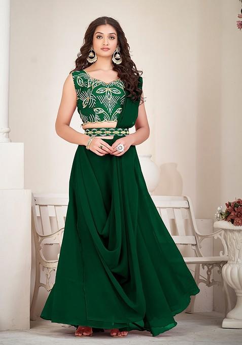 Green Emboridered Blended Lehenga Choli — view on Indya