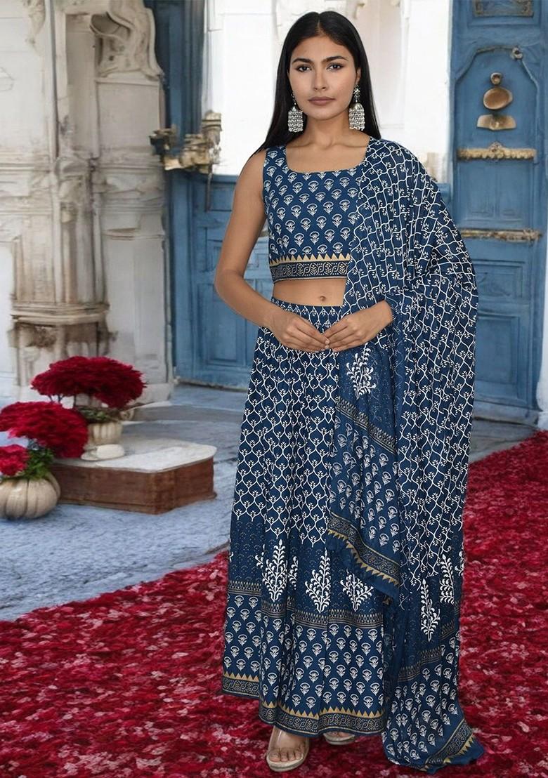 Blue Printed Blended Lehenga Choli