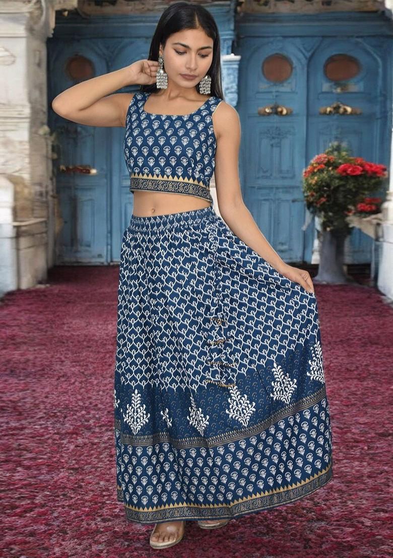 Blue Printed Blended Lehenga Choli - Indya