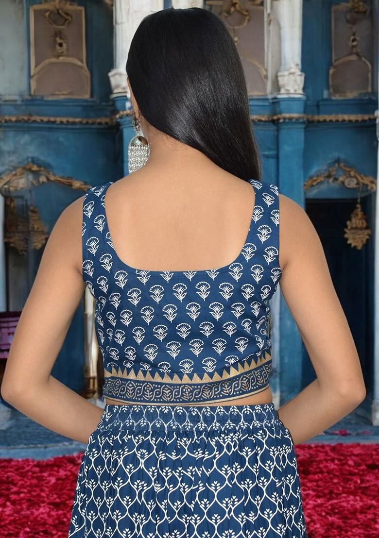 Blue Printed Blended Lehenga Choli