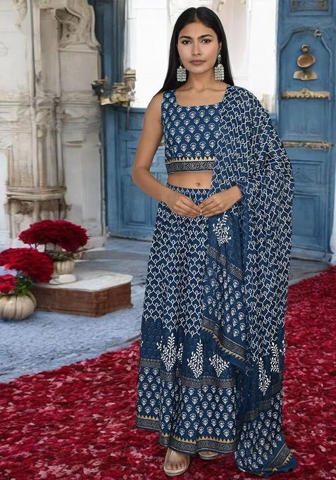 Blue Printed Blended Lehenga Choli