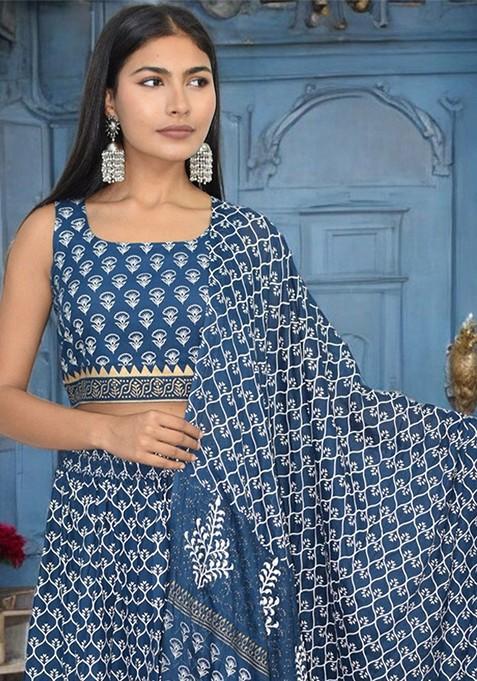 Blue Printed Blended Lehenga Choli
