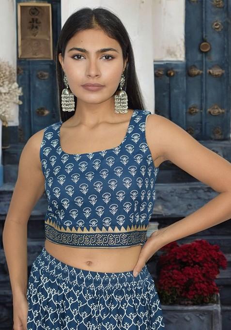 Blue Printed Blended Lehenga Choli