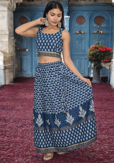 Blue Printed Blended Lehenga Choli