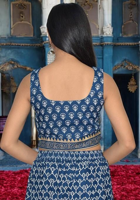 Blue Printed Blended Lehenga Choli