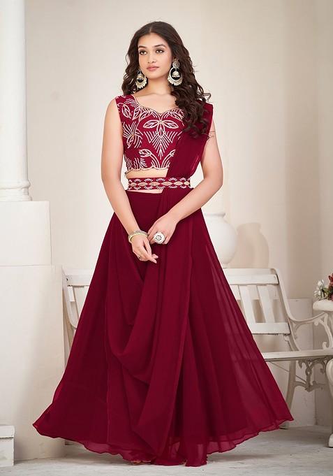Maroon Emboridered Blended Lehenga Choli — view on Indya