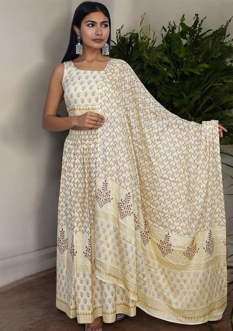 Cream Printed Blended Lehenga Choli