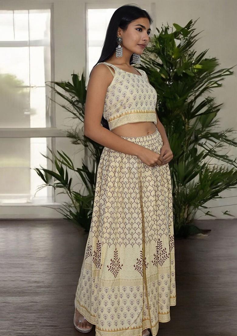 Cream Printed Blended Lehenga Choli - Indya