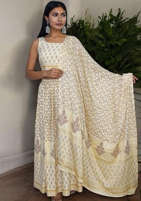 Cream Printed Blended Lehenga Choli