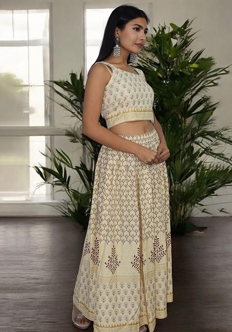 Cream Printed Blended Lehenga Choli