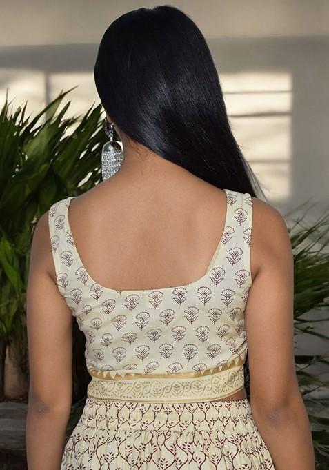 Cream Printed Blended Lehenga Choli