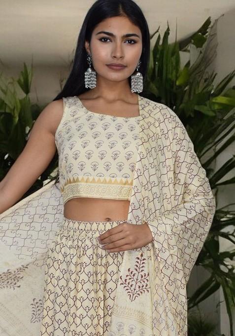 Cream Printed Blended Lehenga Choli