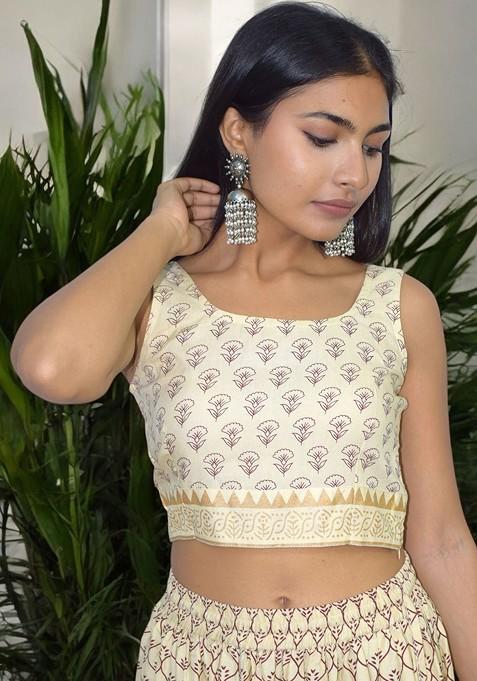 Cream Printed Blended Lehenga Choli