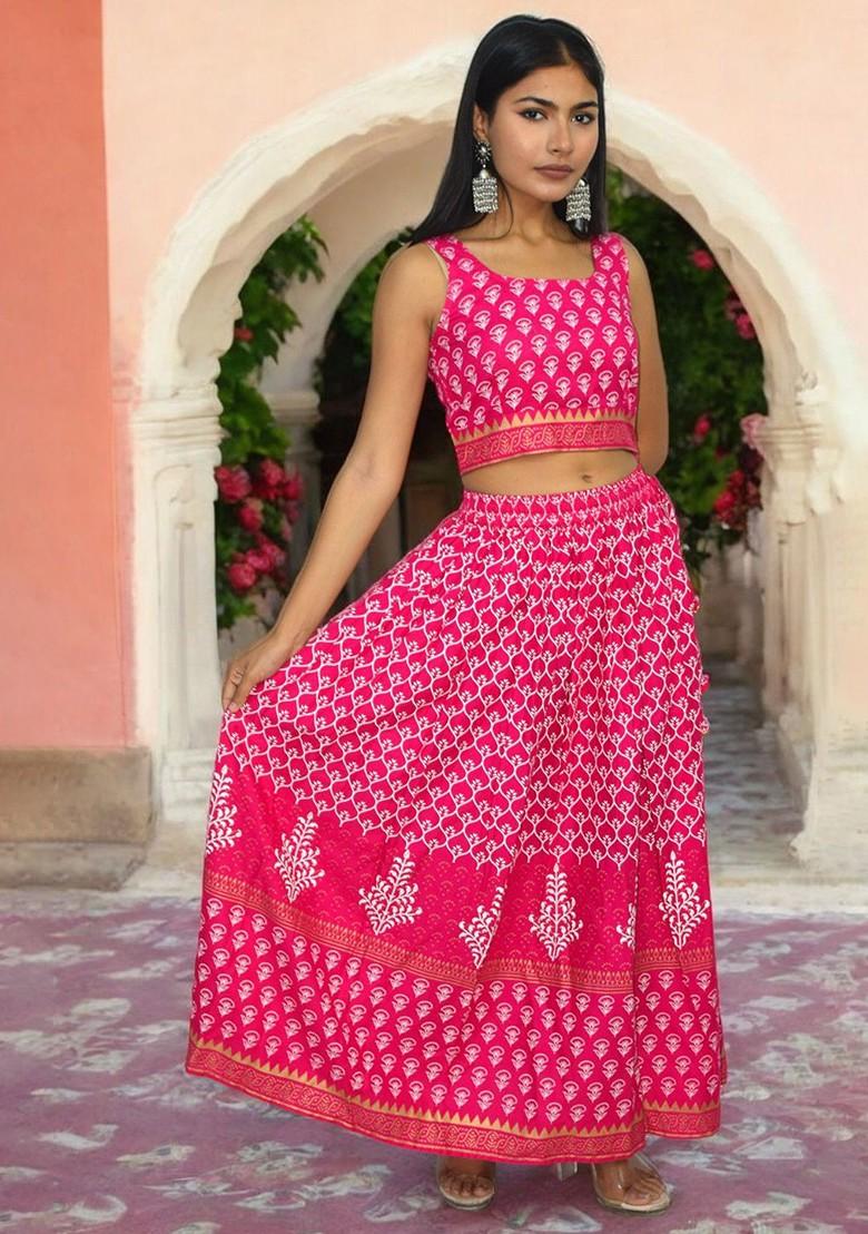 Pink Printed Blended Lehenga Choli