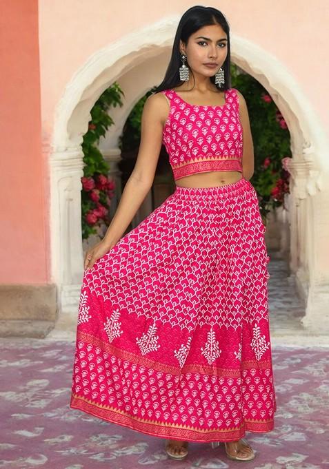 Pink Printed Blended Lehenga Choli
