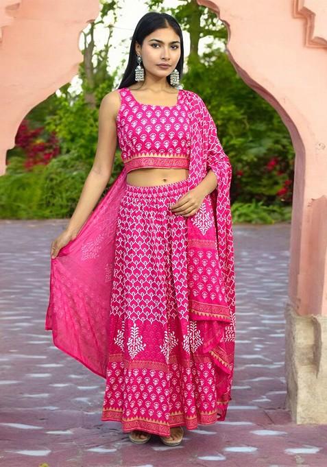 Pink Printed Blended Lehenga Choli