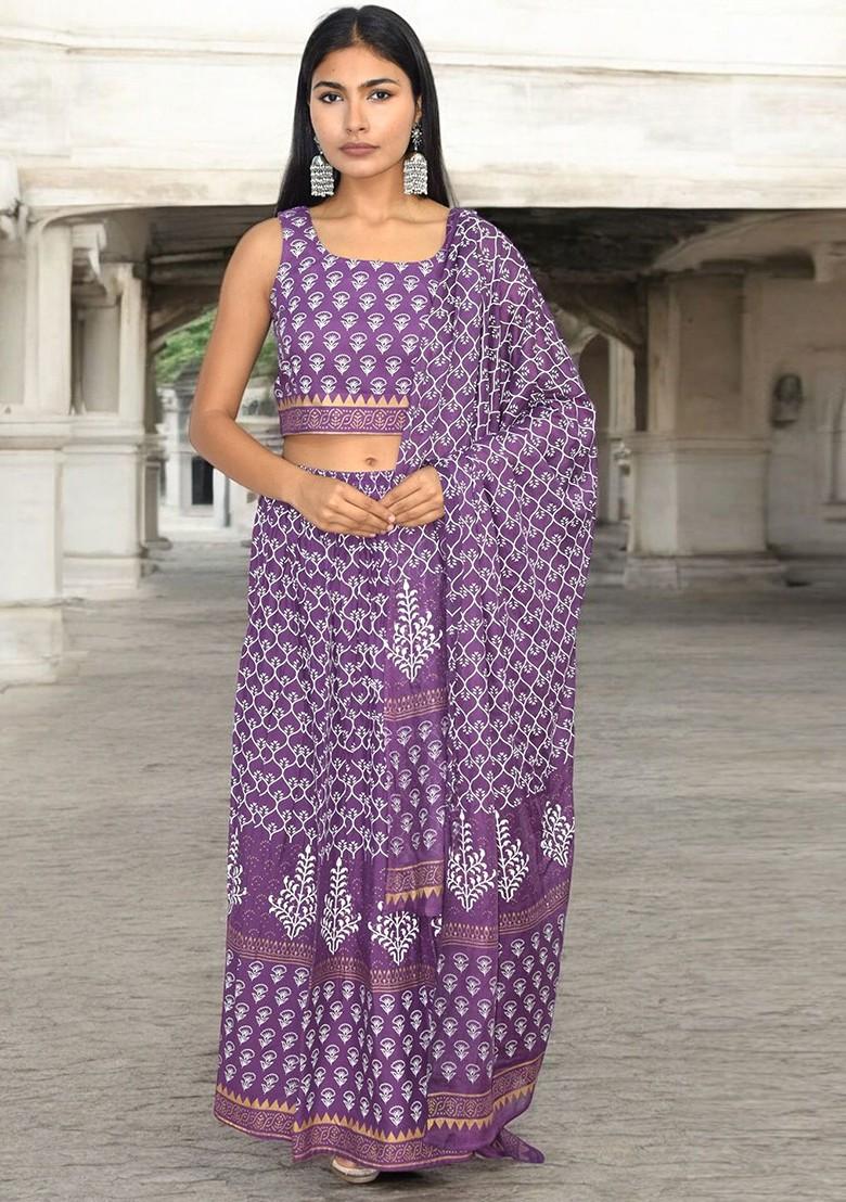 Purple Printed Blended Lehenga Choli