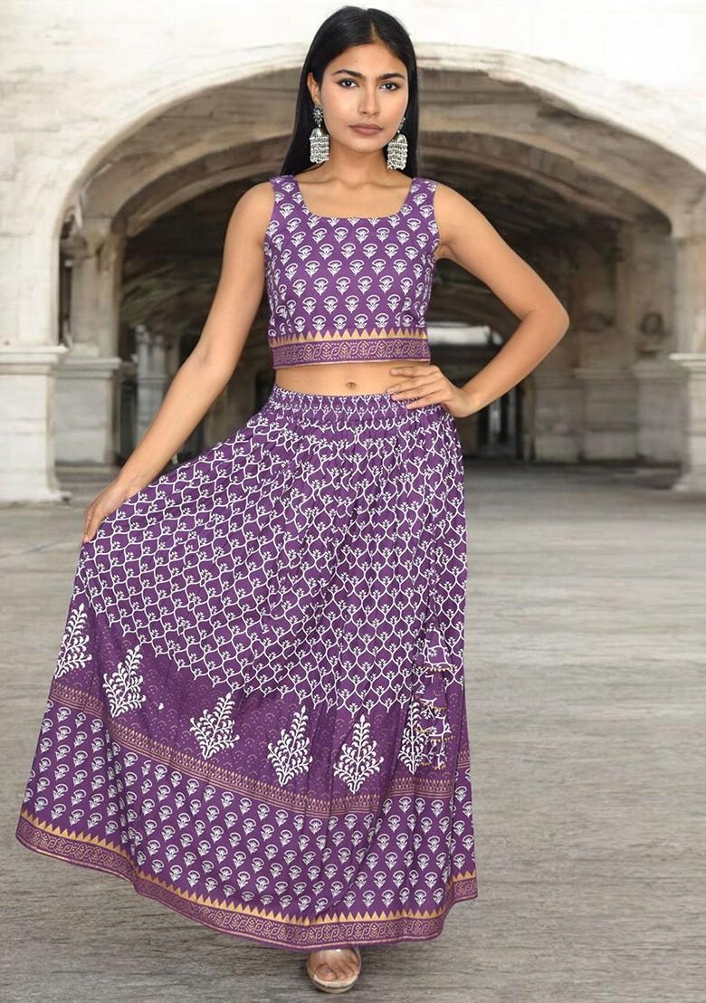 Purple Printed Blended Lehenga Choli - Indya