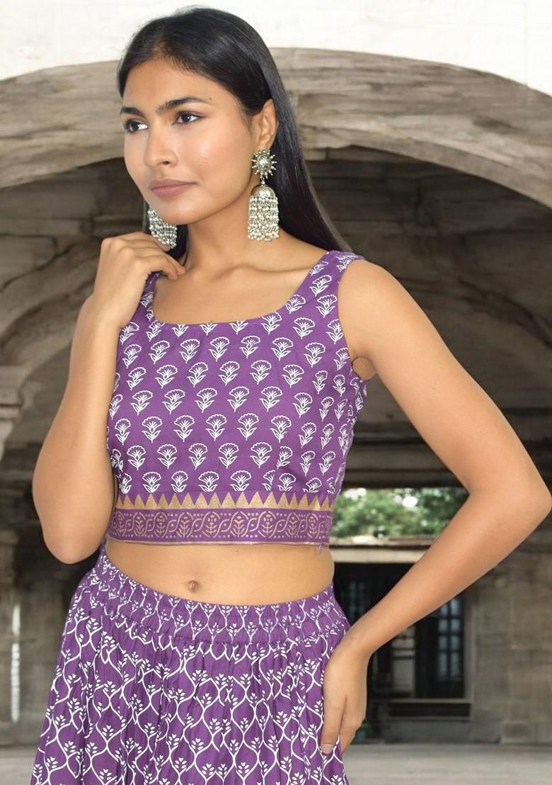 Purple Printed Blended Lehenga Choli
