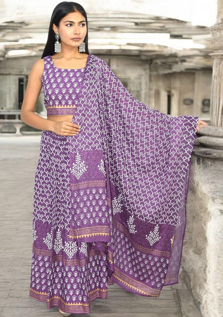 Purple Printed Blended Lehenga Choli - Indya