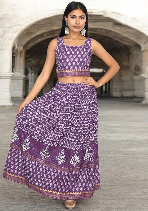 Purple Printed Blended Lehenga Choli