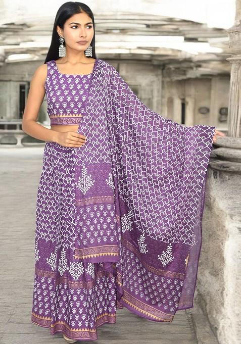 Purple Printed Blended Lehenga Choli