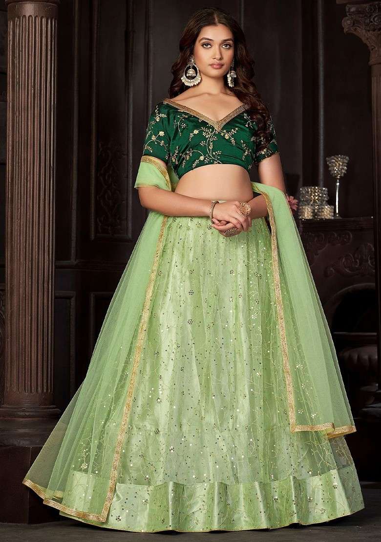 Green Emboridered Blended Lehenga Choli - Indya