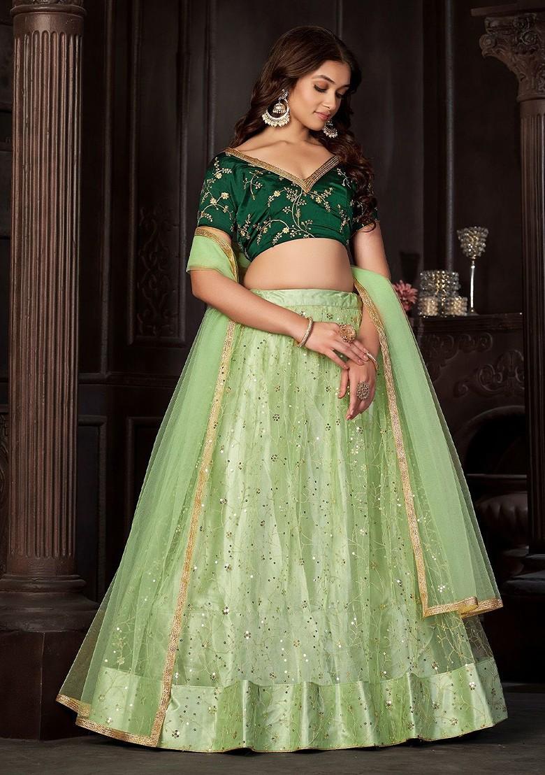 Green Emboridered Blended Lehenga Choli - Indya
