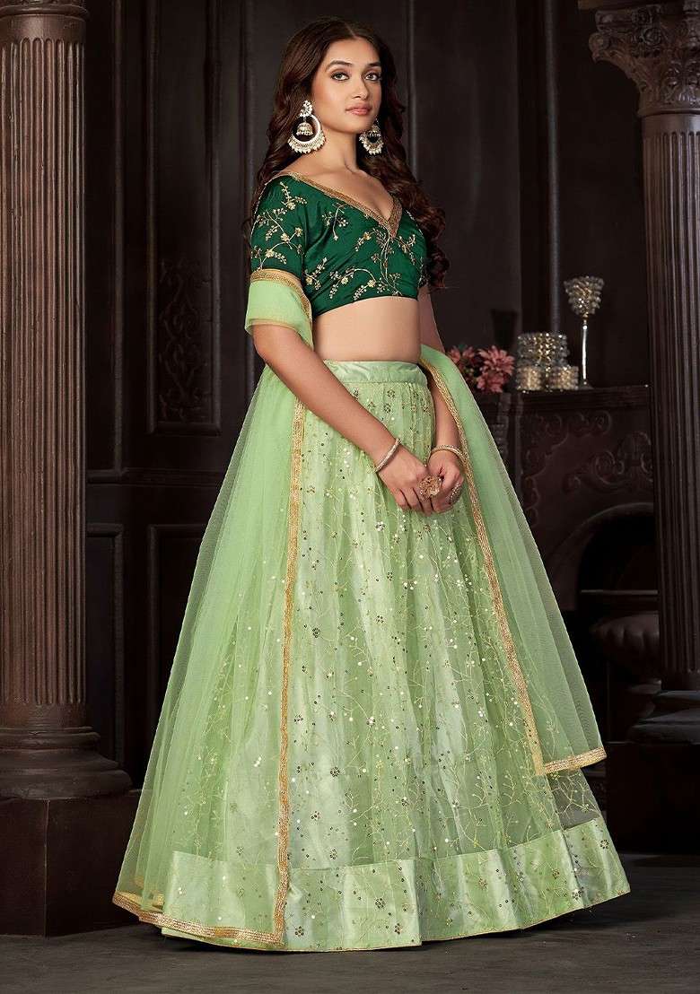 Green Emboridered Blended Lehenga Choli - Indya