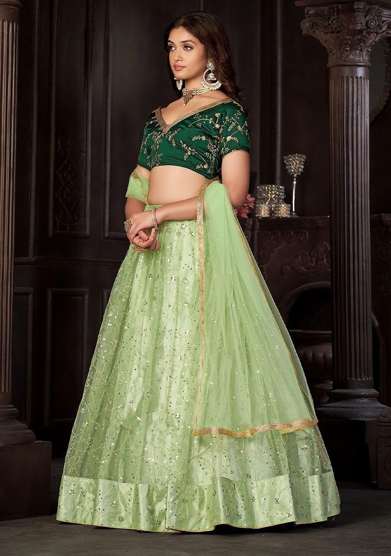 Green Emboridered Blended Lehenga Choli - Indya