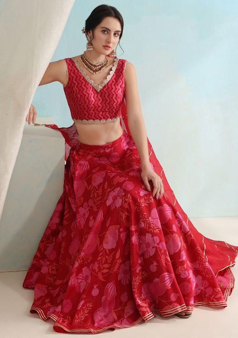 Red Printed Blended Lehenga Choli
