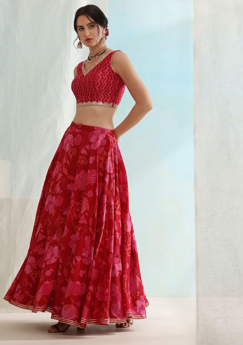 Red Printed Blended Lehenga Choli - Indya