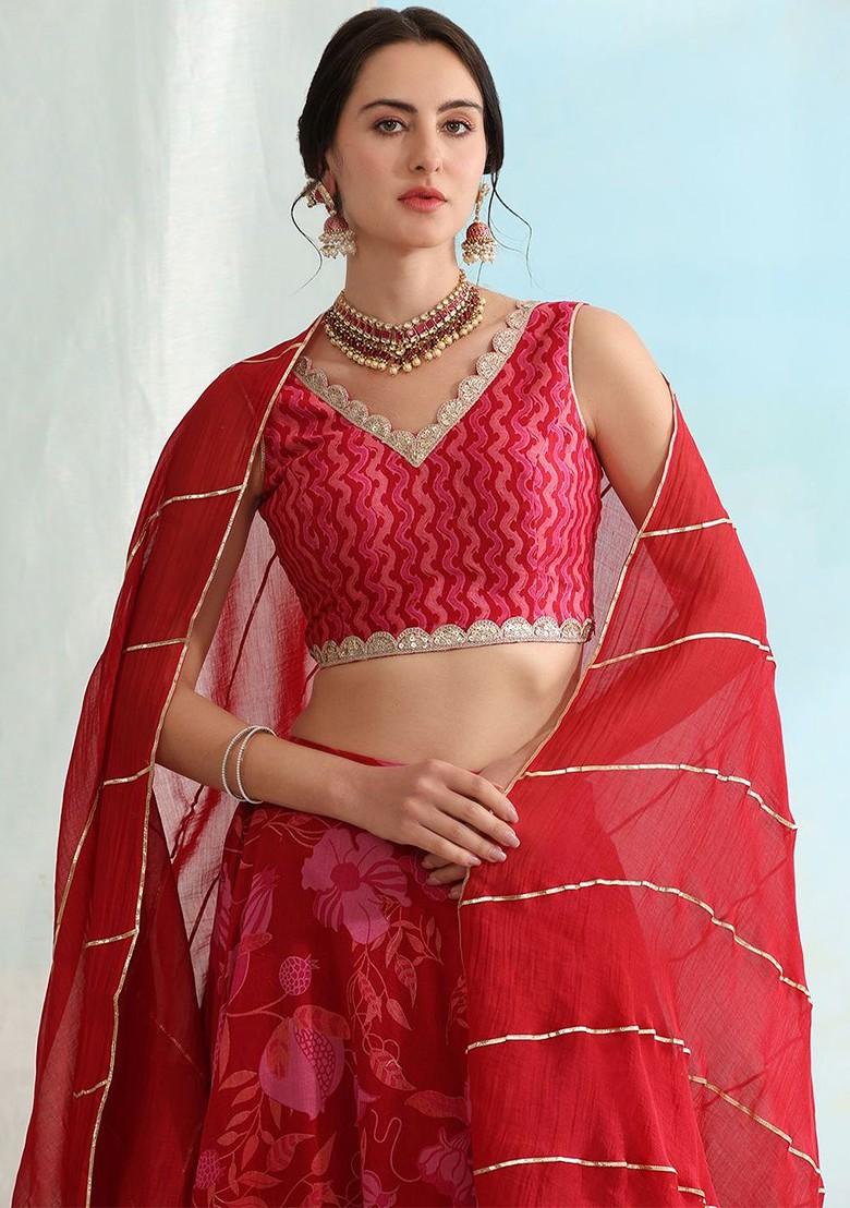 Red Printed Blended Lehenga Choli - Indya