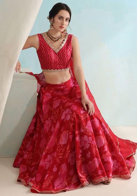 Red Printed Blended Lehenga Choli