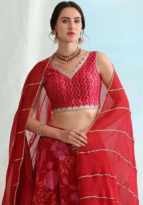 Red Printed Blended Lehenga Choli