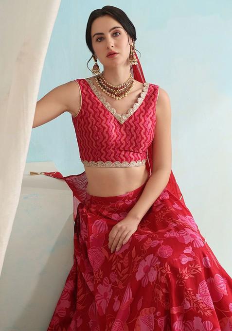 Red Printed Blended Lehenga Choli