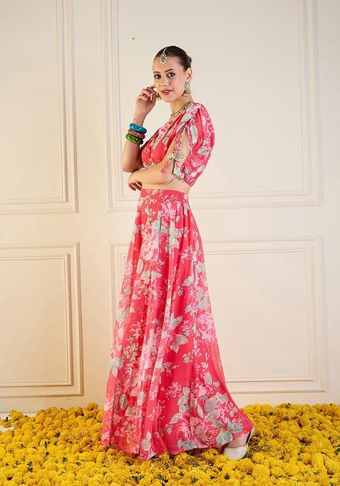 Red Printed Blended Lehenga Choli