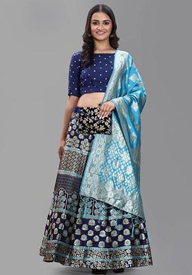 Turquoise Blue Printed Blended Lehenga Choli