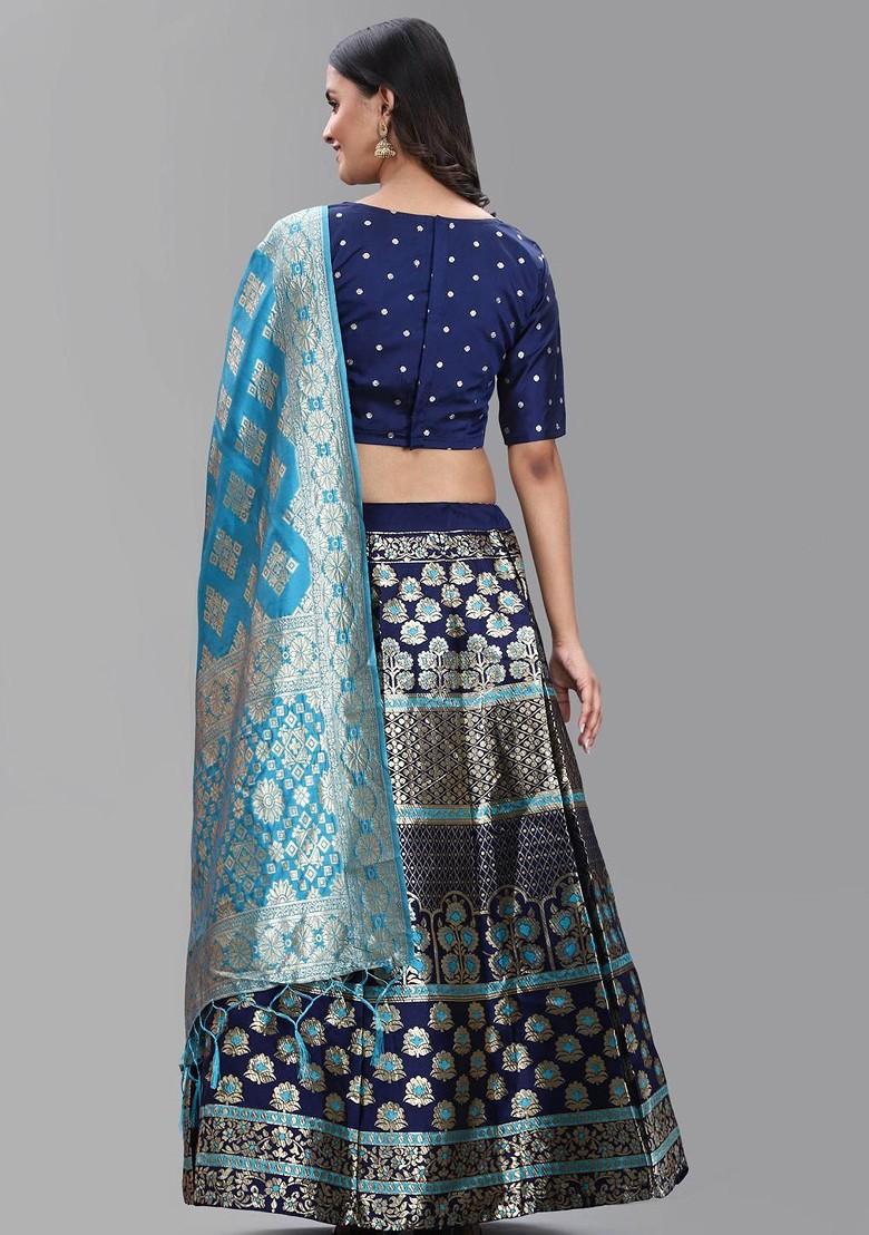 Turquoise Blue Printed Blended Lehenga Choli - Indya