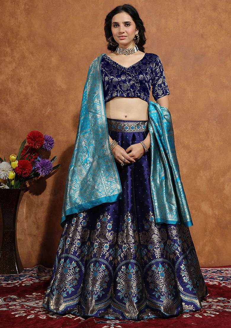 Navy Blue Zari Work Blended Lehenga Choli - Indya