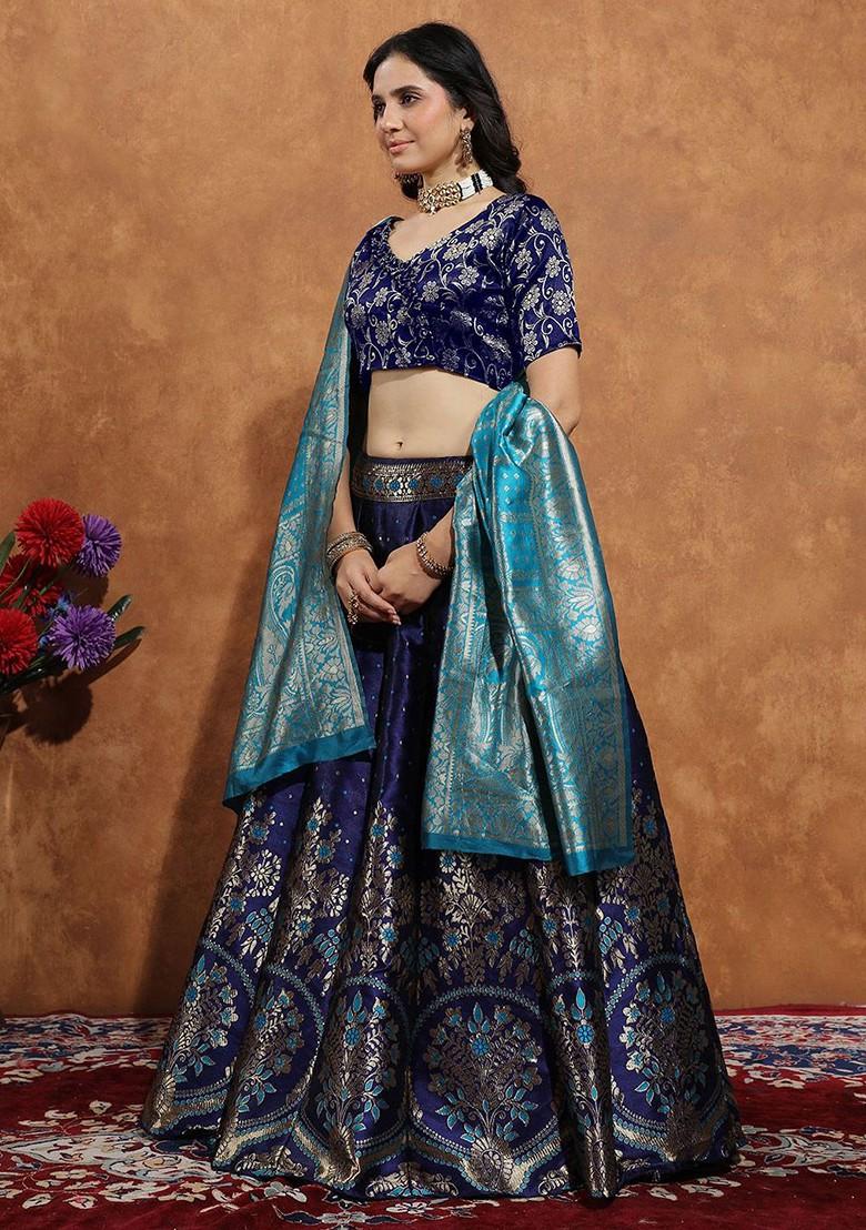 Navy Blue Zari Work Blended Lehenga Choli - Indya