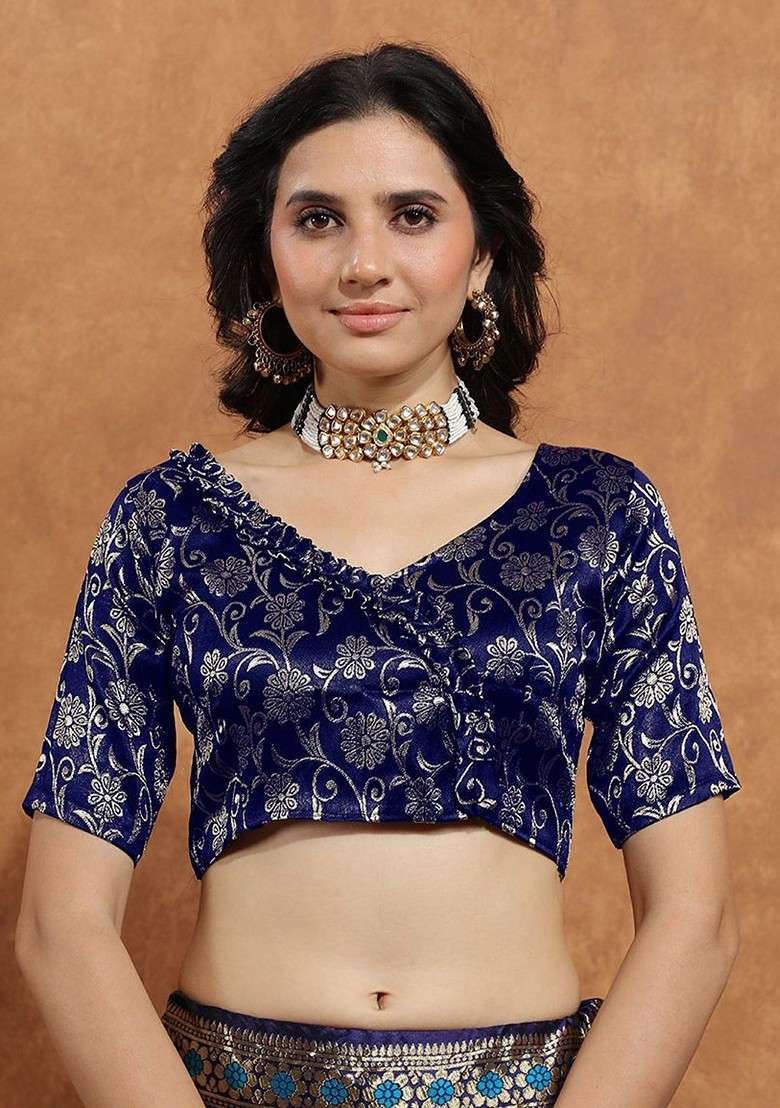 Navy Blue Zari Work Blended Lehenga Choli - Indya