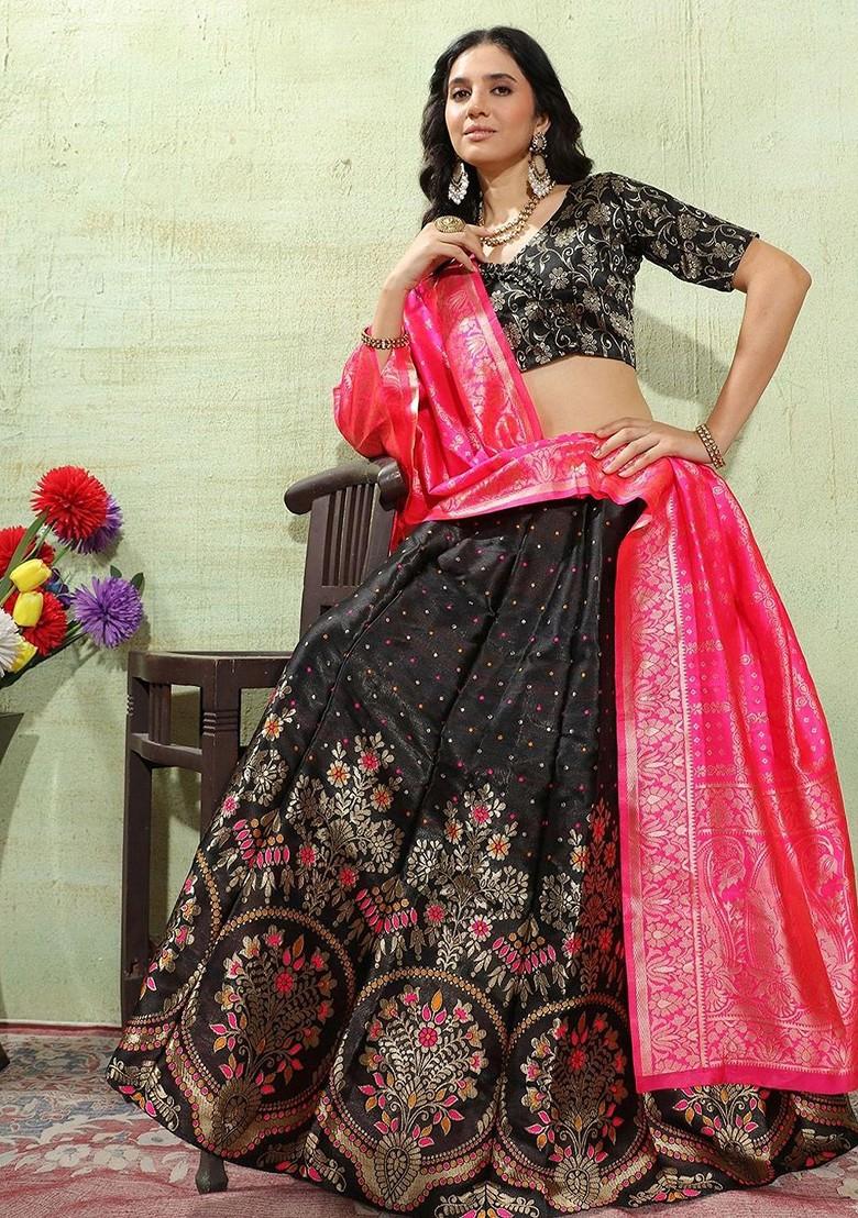 Black Zari Work Blended Lehenga Choli - Indya