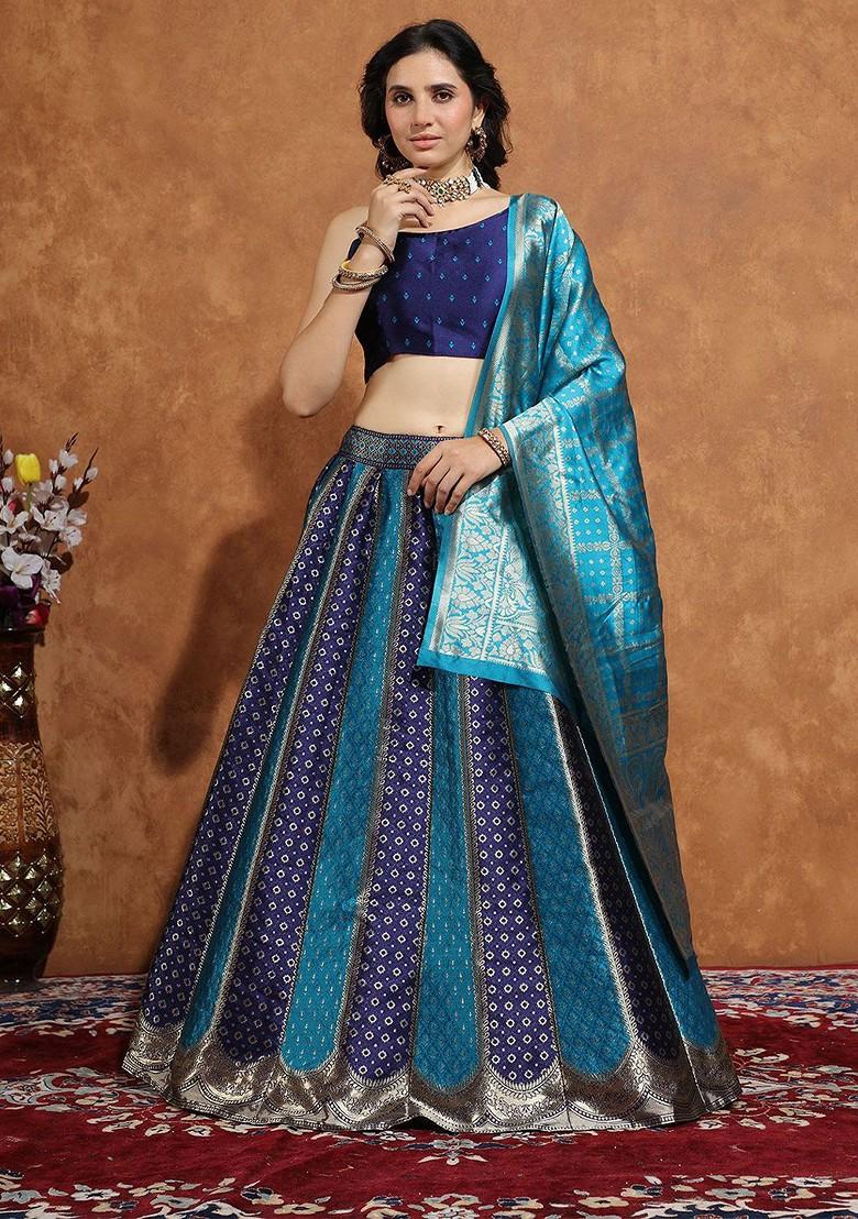 Navy Blue Emboridered Blended Lehenga Choli - Indya