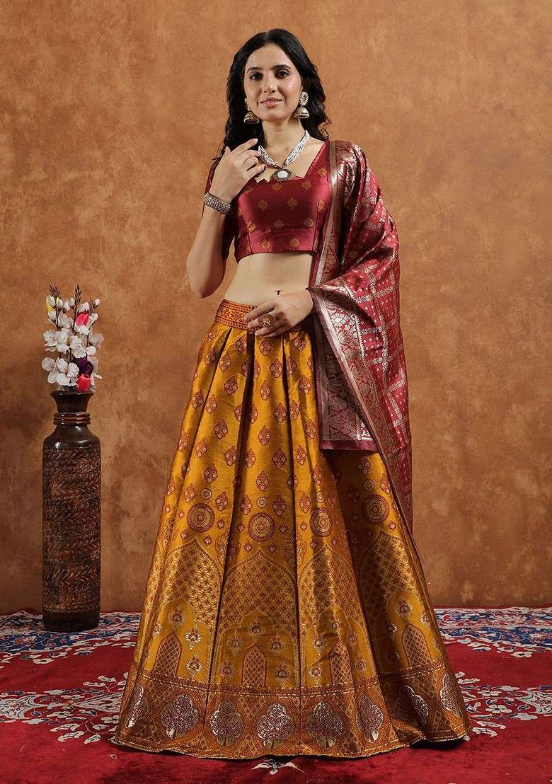 Gold Zari Work Blended Lehenga Choli - Indya