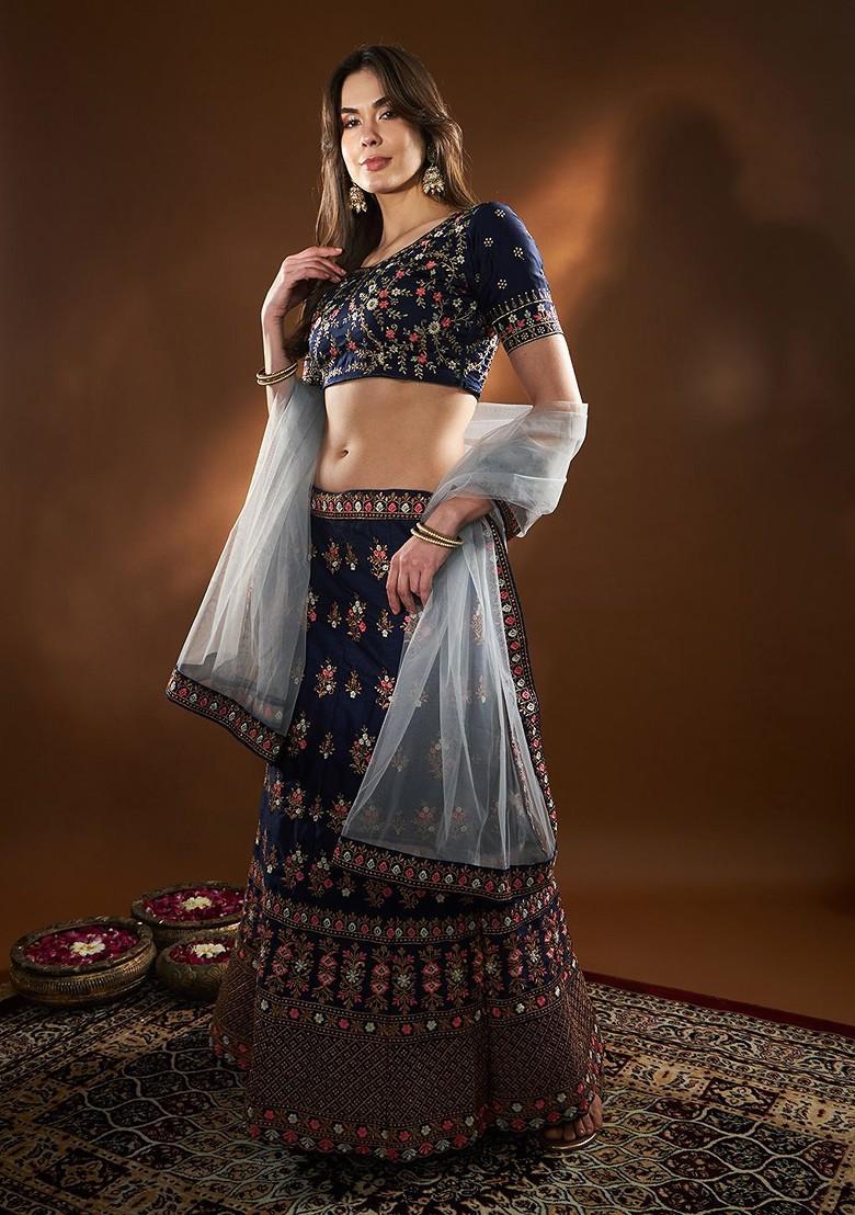Blue Emboridered Blended Lehenga Choli - Indya