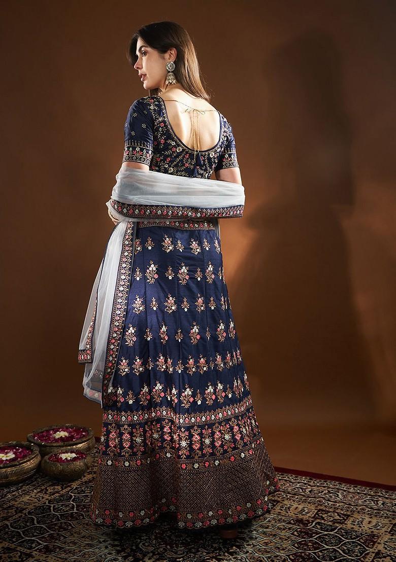 Blue Emboridered Blended Lehenga Choli - Indya