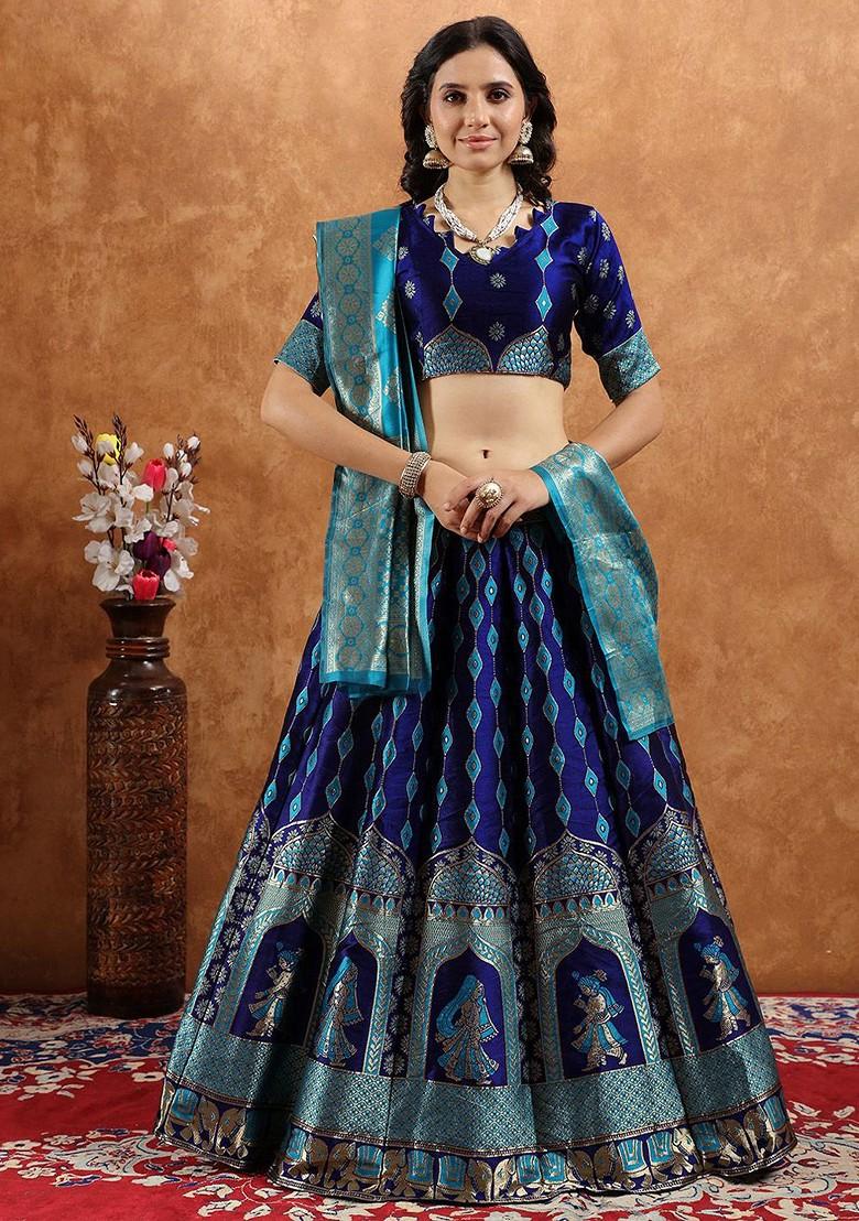 Navy Blue Emboridered Blended Lehenga Choli - Indya