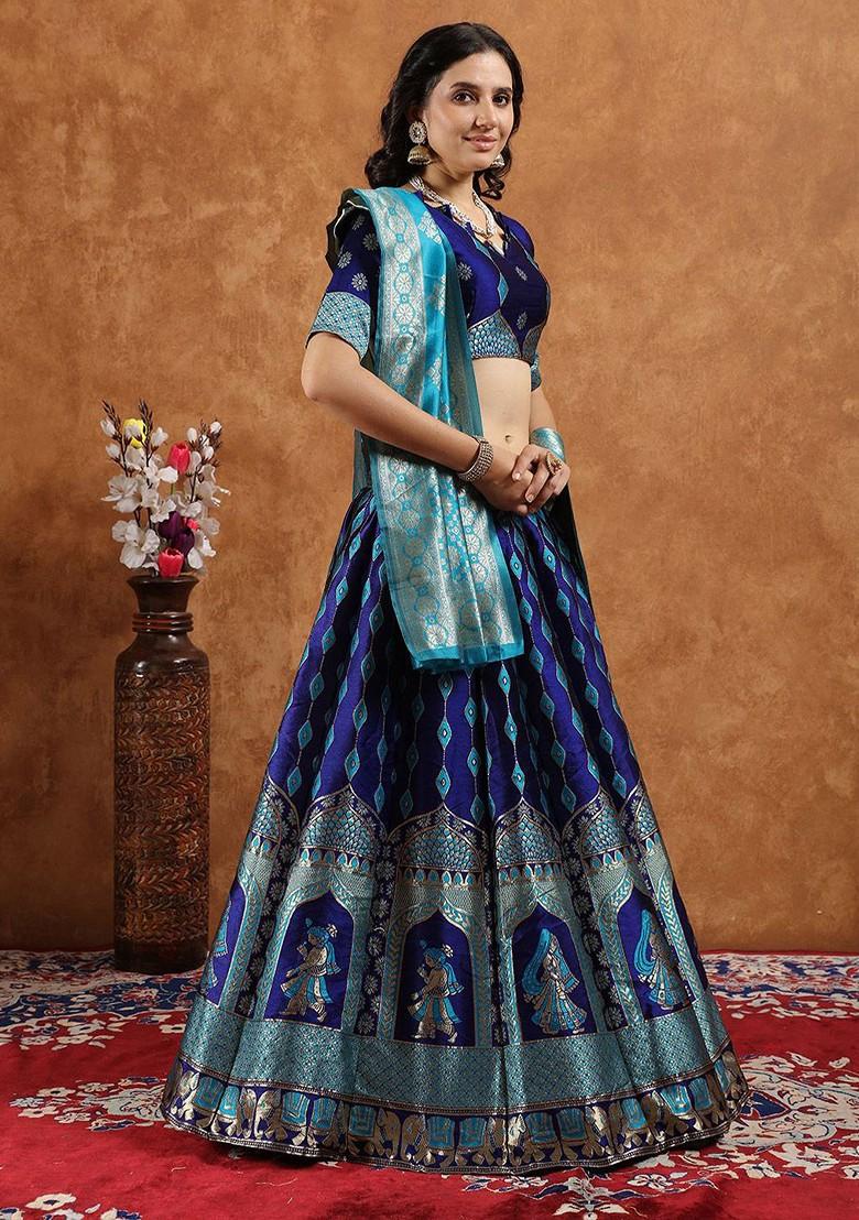 Navy Blue Emboridered Blended Lehenga Choli - Indya
